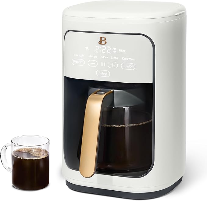 Beautiful Coffee Maker, 14-Cup, Touch Display, Programmable, 1200W, Stainless Steel, Keep Warm, 24h Timer dishwasher-safe (White Icing)