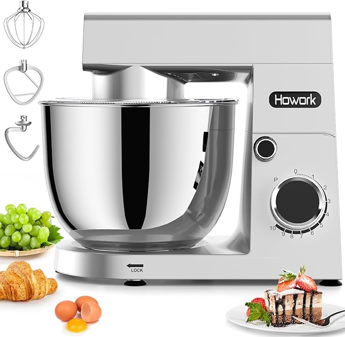 HOWORK Stand Mixer,10+p Speeds With 5.5QT Stainless Steel Bowl,Dough Hook, Wire Whip & Beater,for Most Home Cooks,Silver