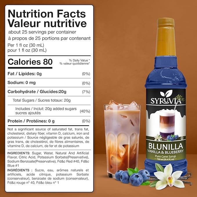 Syruvia BLUNILLA Coffee Syrup Vanilla Blueberry - 25.4 fl oz - Kosher Syrups, Gluten Free, No Coloring, Perfect for Drinks, Soda, Shakes, Desserts, and More.