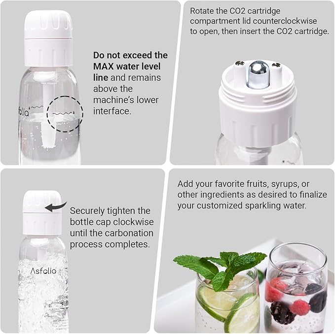 Sparkling Water Maker，AquaBub Portable Soda Maker with 500ml PET Carbonating Bottles, 10x 8g CO2 Cylinders (White)