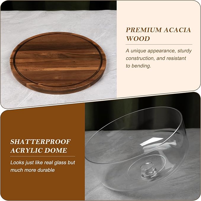 Bellsal Cake Stand with Clear Acrylic Dome Lid, 12in Acacia Wood Cake Holder with Lid, Cake Plate with Lid for Baking Gifts, Cake Display Server Tray for Birthday Party Weddings