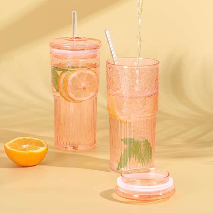 20 OZ Glass Cup with Lids and Glass Straws, High Borosilicate Iced Coffee Glass Tumblers with Lid and Straw for Drinks, 2pcs Reusable Wide Mouth Smoothie Cup(Orange)
