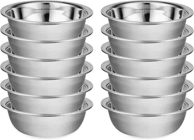 12 Pack 8.66 x 2.64 Inch Stainless Steel Mixing Bowls for Bulk Food Prep with Nesting Design for Hotel Restaurant and Home Kitchen Cooking in Silver