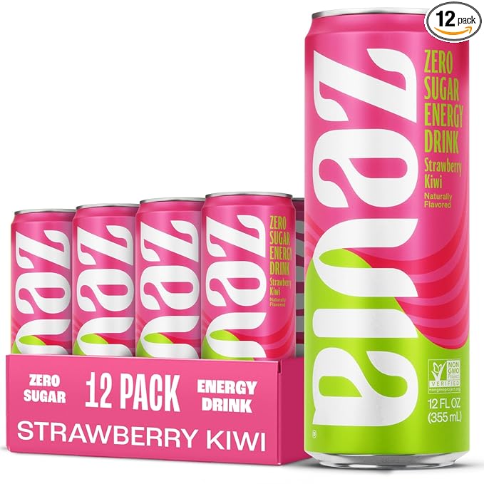Zevia Zero Sugar Energy Drink, Strawberry Kiwi, 12 oz Cans (12-Pack) – Naturally Sweetened, Zero Calorie Sugar Free Energy - Non-GMO Project Verified, Gluten-Free, Vegan