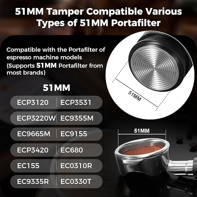 IKAPE Coffee Products, 51MM Espresso Tamper, Premium Barista Coffee Calibrated Tamper with Spring Loaded, 100% Stainless Steel Tamper Compatible with All 51MM Bottomless Portafilter (Black)