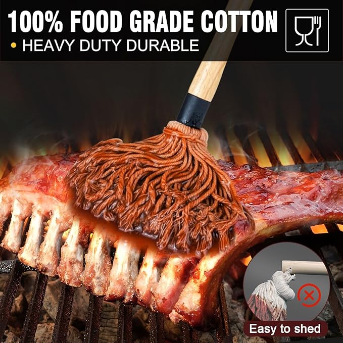 Walfos Basting Brush Silicone and BBQ Mop, Grill Basting Mop with 3 Heads and 2Pcs Pastry Brushes, Wooden Long Handle, Heat Resistant for Grilling, Smoking Steak, Kitchen Cooking (18"）