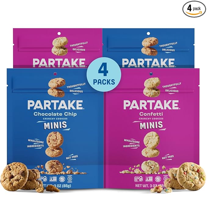 Gluten Free Partake Crunchy Chocolate Chip & Vanilla Sprinkle Cookies Variety Pack - Vegan - Free From the Top 9 Allergens Including Dairy, Wheat, Soy, Eggs, & Peanuts - Non GMO - Safe School & Office Snack (4 Pack, 3oz Resealable Bags)