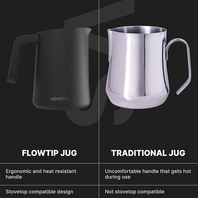 Subminimal FlowTip Milk Jug | Stovetop Milk Frothing, Foaming Pitcher for Premium Barista-Style Coffee at Home | Cappuccino & Latte Art Pouring Jug with Ergonomic Heat Resistant Handle | 450ml, Black