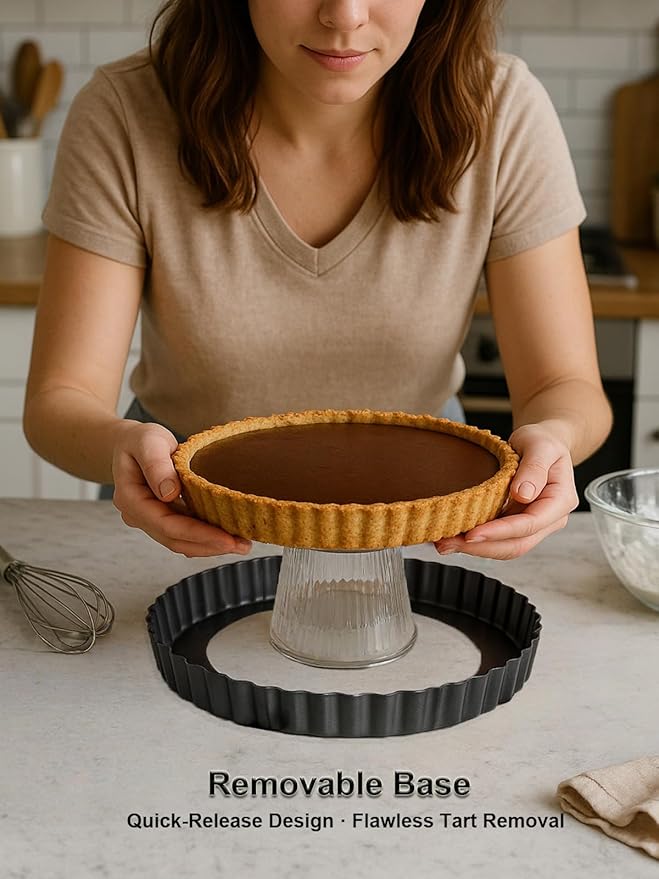 10 Inch Round Quiche Pans with Pie Cake Server. Removable Bottom, Non-Stick Coating, Rugged Carbon Steel for Tart Quiche Pie Baking. Gift for Women Wife Christmas Thanksgiving Party Festival