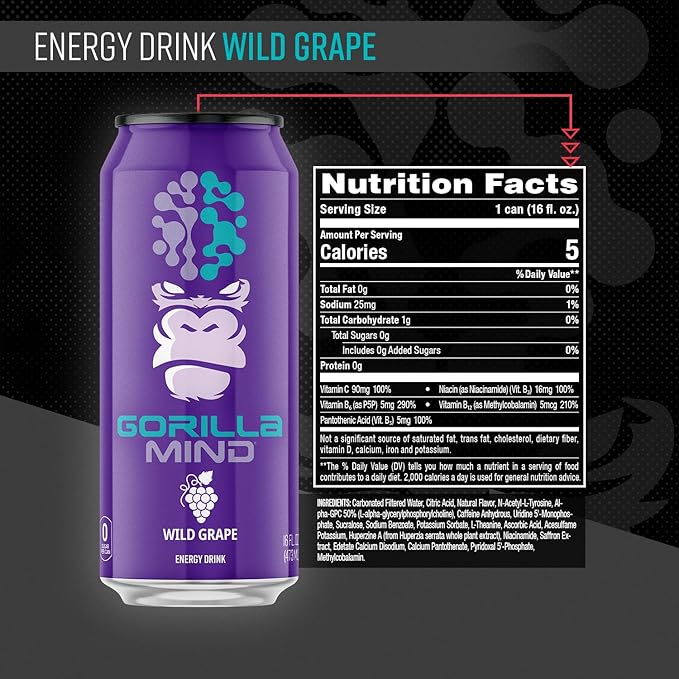 Gorilla Mind Energy Drink | Unmatched Energy · Amplified Focus | N-Acetyl-L-Tyrosine, Alpha-GPC, 200mg Caffeine, Uridine, Saffron | 0 Sugar Or Artificial Colors | 16oz, 12-Pack (Wild Grape)