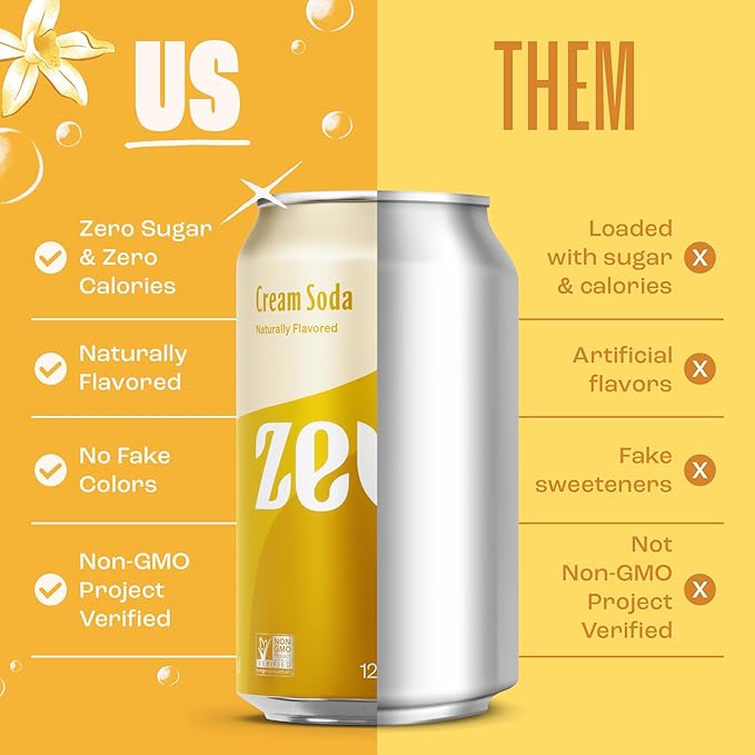 Zevia Zero Sugar Soda, Cream Soda, 12 oz Cans (24-Pack) – Naturally Sweetened, Non-GMO Project Verified, Gluten-Free, Vegan