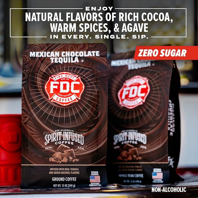 Fire Department Coffee - Gives Back to Firefighters - Mexican Chocolate Tequila Infused Whole Bean Coffee - Medium Roast - Non-Alcoholic - Roasted in the USA - Veteran Owned - 12 oz
