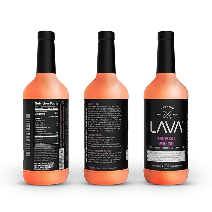 LAVA Premium Tropical Mai Tai Mix made with real passion fruit, pineapple, lemon and lime, no artificial sweeteners, 1-Liter (33.8oz) Glass Bottle, Ready to Use.