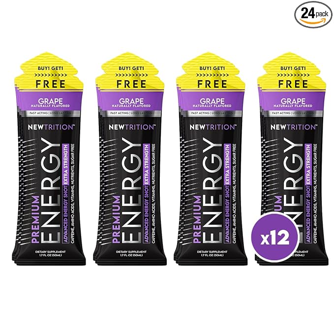 NewTrition® Extra Strength Energy Shots, 250mg Caffeine Energy Shots with Vitamin B & Amino Acids, Sugar-Free Vitamin Energy Shot, 1.7 fl oz (Pack of 12, Grape)