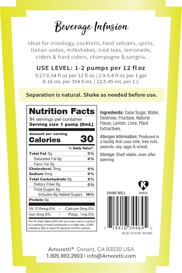 Amoretti - Lemon Lime Beverage Infusion - Drink Mix & Water Enhancer with Pump for Flavoring Cocktails, Waters, Teas, and other Beverages, Preservative Free