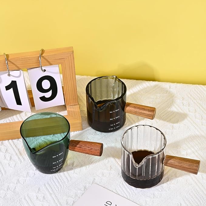 Glass Measuring Cup, 3oz Espresso Shot Glass with Wood Handle, Double Spouts Measuring Cups Pitcher Milk Cup Coffee Shot Glasses (Gray Ribbed)