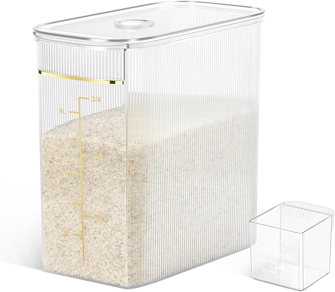 TBMax Rice Storage Container 20 Lbs, Crystal-Clear Large Food Container Rice Holder Bin with Measuring Cup for Flour, Sugar, Oatmeal, Kitchen Pantry Organization and Storage