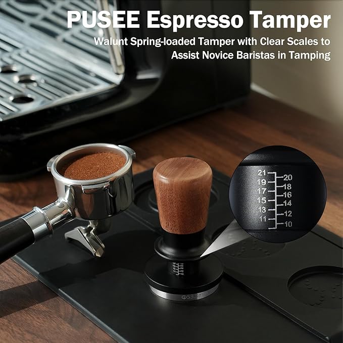 PUSEE 51mm Espresso Tamper, Calibrated Tamper with 30lbs Double Spring Loaded Tamper Walnut Wood Coffee Tamper for Barista Home,Stainless Steel Base Tamper Espresso Tool Fits 51mm Portafilters