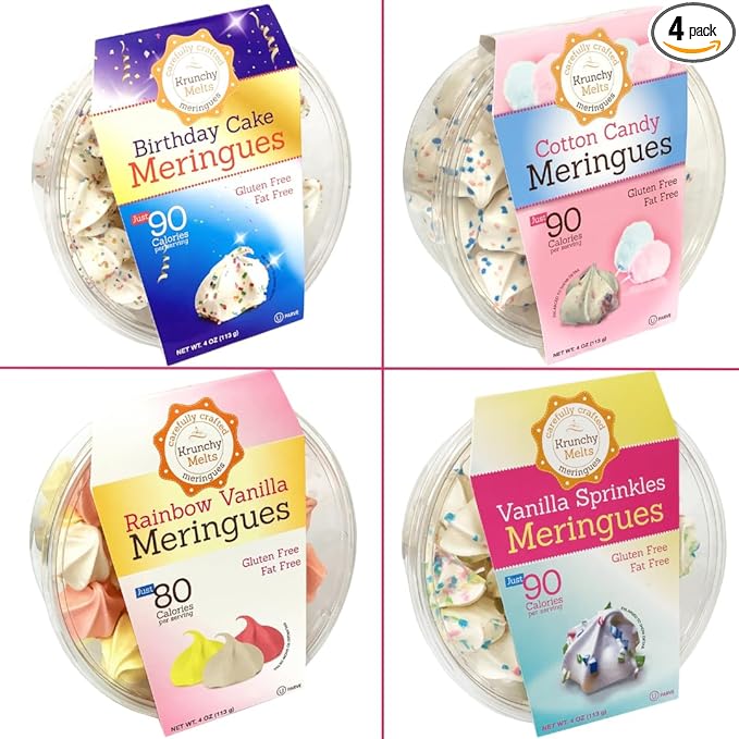 4 Pack Krunchy Melts Original Meringue Cookies | Let's Celebrate 4-Pack | Birthday Cake, Cotton Candy, Rainbow Vanilla, Vanilla Sprinkles | Only 80-90 Calories Per Serving | Low Fat/Fat Free, Gluten Free, Dairy Free (4 Oz)