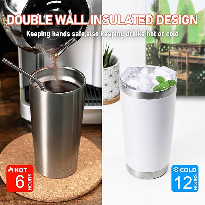 COMOOO 20oz Tumbler with Straw Stainless Steel Insulated Coffee Tumbler Cups Double Wall Vacuum Travel Coffee Mug with Splash Proof Sliding Lid for Hot Cold Drinks (Mix Color,6 Pack)