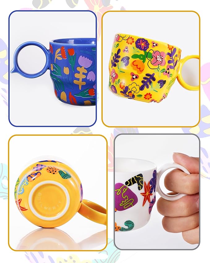 Ceramic Mini Espresso Cups Set of 2 – 3 oz Double Espresso Coffee Cups with Q Handle, Yellolw Floral and fruit Pattern, Small Espresso Shot Cups for Home Coffee Bar,Lungo