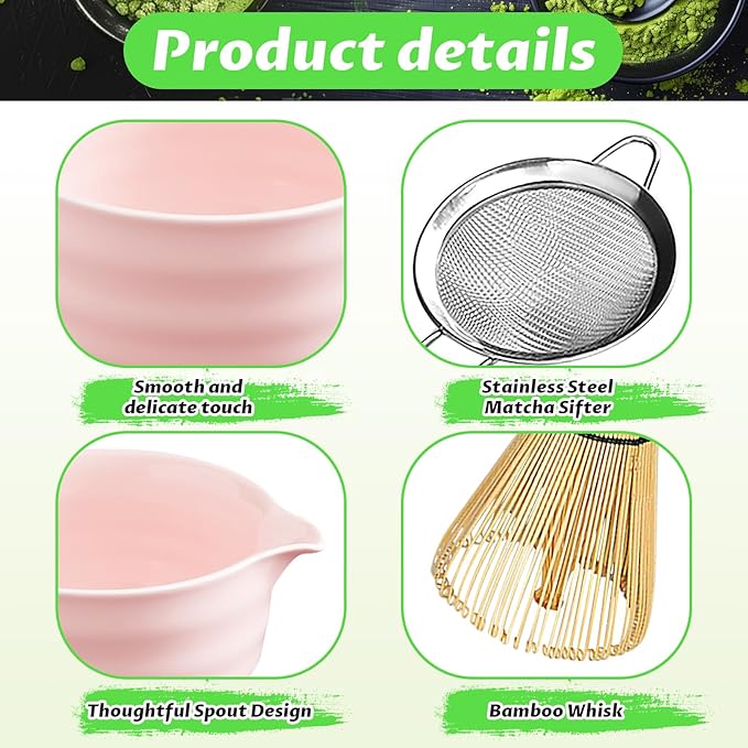 Matcha Set, 6 Pcs Matcha Whisk Set with 20 oz Bowl, Bamboo Whisk for Matcha Tea, Matcha Bowl, Ceramic Matcha whisk Holder, Stainless Sifter and Scoop - Gift for matcha kit Lovers（Pink）