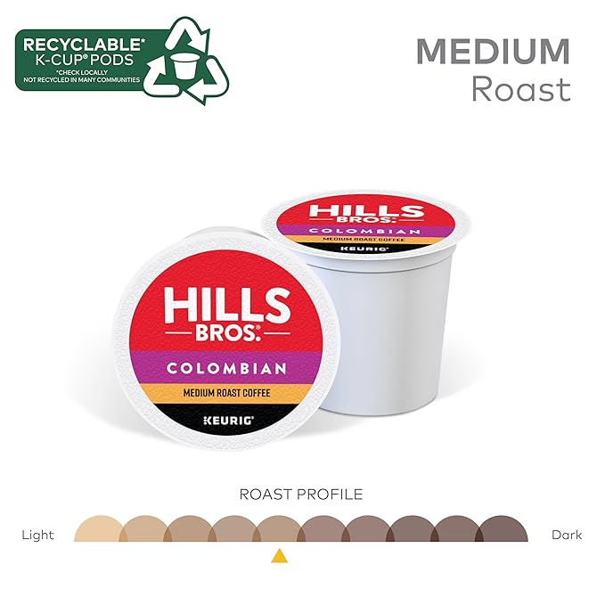 Hills Bros. Colombian Blend Keurig K-Cup Pods for Keurig Brewers – Medium Roast Premium Arabica Blend, Kosher – 1 Pack of 12 Single Serve Pods