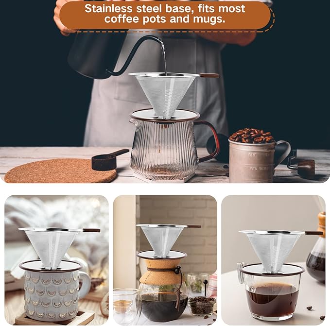 Pour Over Coffee Dripper，Reusable Stainless Steel Drip Cone Coffee Filter, Update Double Ultra Fine Micro Mesh Filter, Professional Paperless Drip Brew Coffee Cone Maker with Cup Stand,1-2 Cup