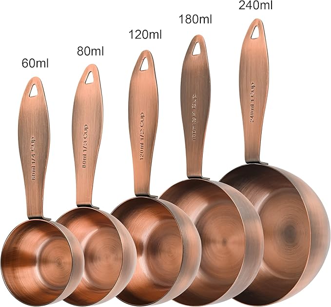 Copper Plated Measuring Cups and Spoons Set, 5 Stainless Steel Measuring Cups & 5 Metal Measuring Spoons Set with Leveler, US & Metric Kitchen Measure Cups & Spoons Set for Baking & Cooking