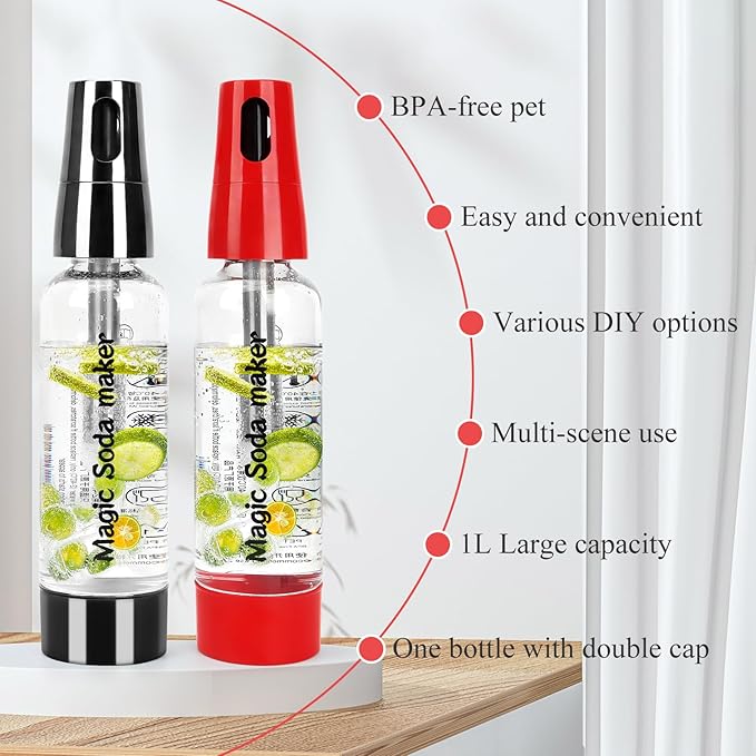 Portable Soda Siphon, 1L Travel Sparkling Water Maker Machine for Home & Outdoor, Carbonated Water Soda Streaming Machine, Soda Maker for Cocktails or Fizzy Drink, 8 gram CO2 Cartridges(Not Included)