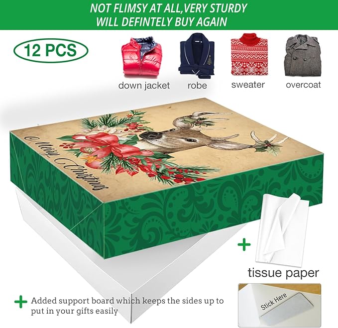 12 Extra Large Christmas Gift Wrap Boxes Bulk with Lids, 12 Tissue paper and 80 Foil Christmas gift Stickers for Wrapping Oversized Clothes (Robes, Sweater, Coat, Shirts) and Xmas Holiday Present