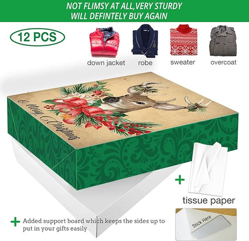 12 Extra Large Christmas Gift Wrap Boxes Bulk with Lids, 12 Tissue paper and 80 Foil Christmas gift Stickers for Wrapping Oversized Clothes (Robes, Sweater, Coat, Shirts) and Xmas Holiday Present