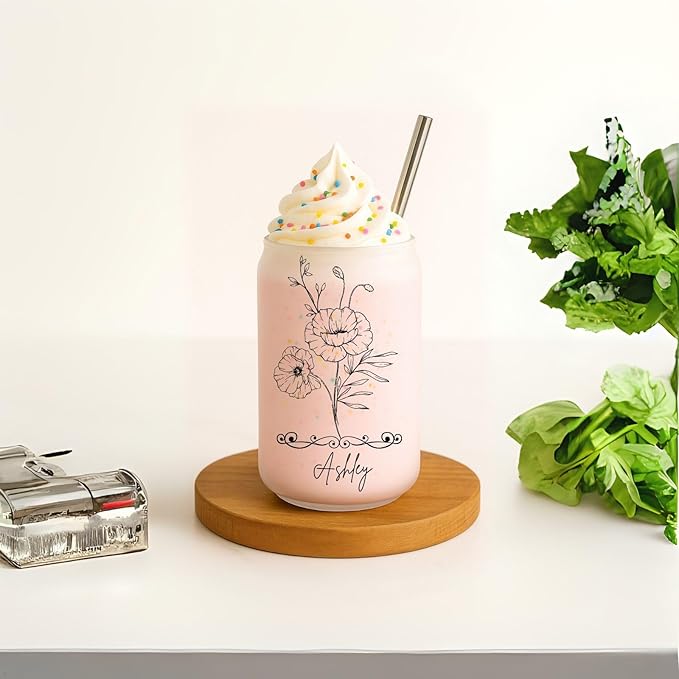 Mason Life Personalized Glass Cup with Name-Can Shaped Glass with Lids and Straws-18OZ Iced Coffee Cups (Birthflower)