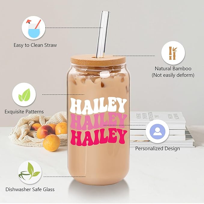 Personalized Tumbler with Name-Glass with Lids and Straws-18OZ Iced Coffee Cups with Lids, Cute Glass Cups, Mothers Day Birthday Gift for Women Her (TwsName)