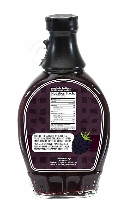 Green Jay Gourmet Blackberry Syrup - 3 Ingredient Premium Breakfast Syrup with Fresh Blackberries, Cane Sugar, Lemon Juice - All-Natural, Non-GMO Pancake Syrup, Waffle Syrup, Dessert Syrup - 2 x 8 Oz