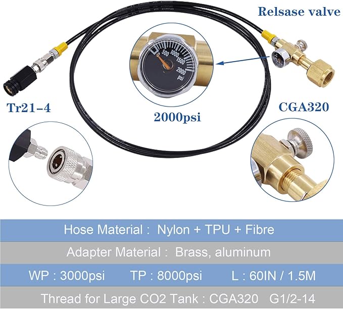 Co2 Tank Cylinder Direct Adapter (Gauge and Bleed Valve), CGA320 to TR21-4 Soda Machine Adapter with 60in High-Pressure Hose, Compatible for Soda Maker, Adapte to fizze/one touch/jet