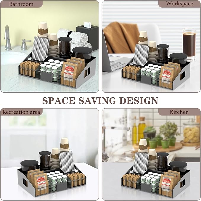 Metal Coffee Station Organizer for Countertop - Coffee Bar Organizer with Designable DIY Logo, K Cup Pods Holder & Tea Condiment Storage - Rustic Breakroom Kitchen Decor in Balck