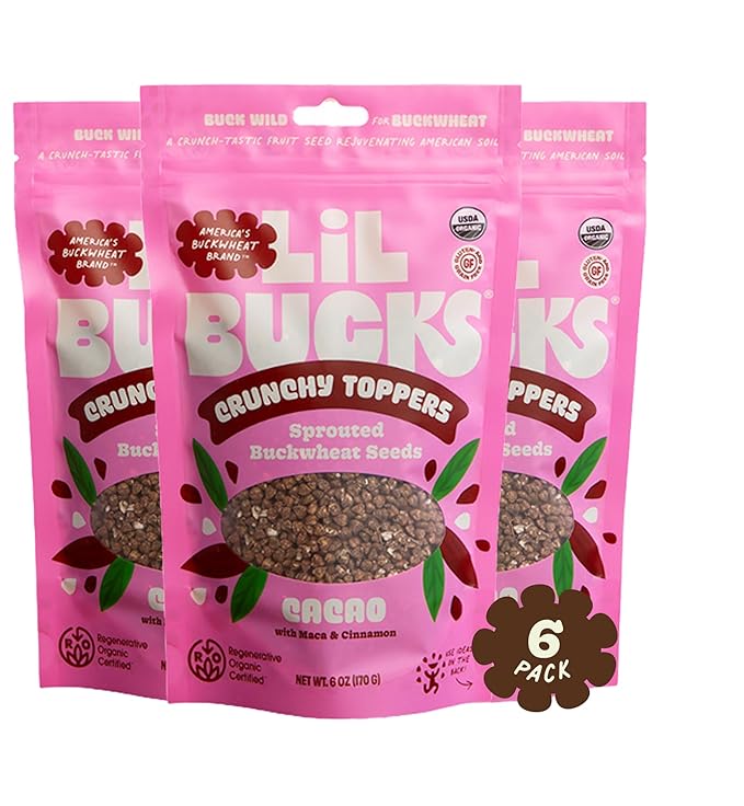 Lil Bucks Sprouted Regeneratively Grown Buckwheat Seeds– Paleo Cereal, Gluten-Free Granola, High in Protein, Low Sugar, Organic Superseed Crunch (CACAO, 6 Pack)