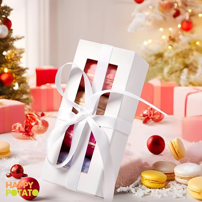 HAPPY POTATO 30 Pack Macaron Boxes for 4 or 5, 4×1.9×1.9 Inches, Macaron Packaging Boxes, White Macaron Box with Clear Window, Macaron Container Gift Boxes with Ribbon
