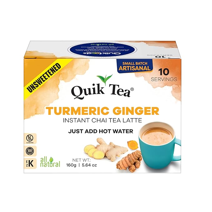 QuikTea Turmeric Ginger Unsweetened Chai Tea Latte – 10 Count, Bold Turmeric Ginger Flavor, no preservatives, No Sugar Added – Just Add Hot Water