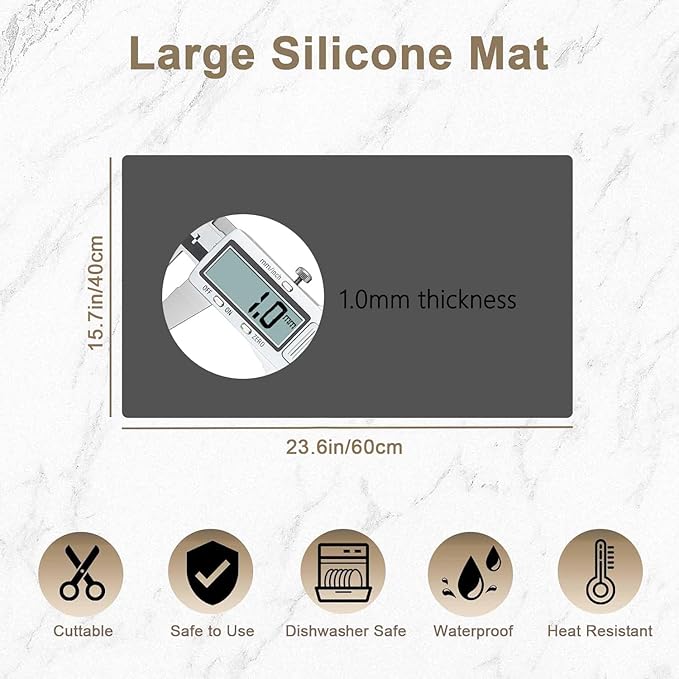 23.6"x15.7"(60cmx40cm) Large Silicone Mat for Kitchen Counter, Non-Slip Heat Resistant Countertop Protector, Waterproof Multipurpose Mat for Kitchen Island, Dark Gray