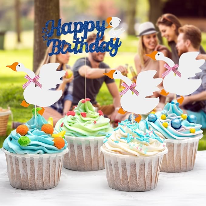 12PCS Silly Goose Cupcake Toppers, Funny Goose Birthday Cake Decorations White Goose Baby Shower Theme Decorations Party Supplies for Baby Boy Girls Birthday Party Decorations