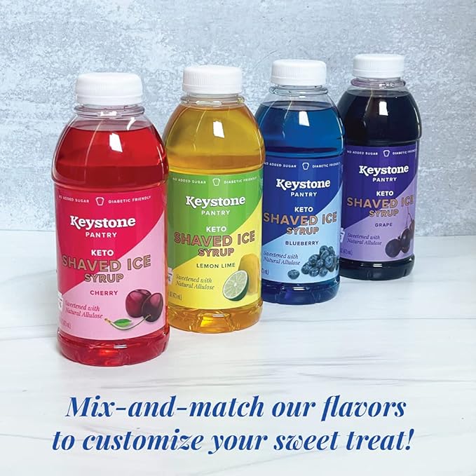 Keystone Pantry Keto Shaved Ice Syrup Blueberry 2 pack 1 pint bottles Gluten Free Nut Free Allergen Free Dairy Free No added sugar 0 net carbs diabetic friendly
