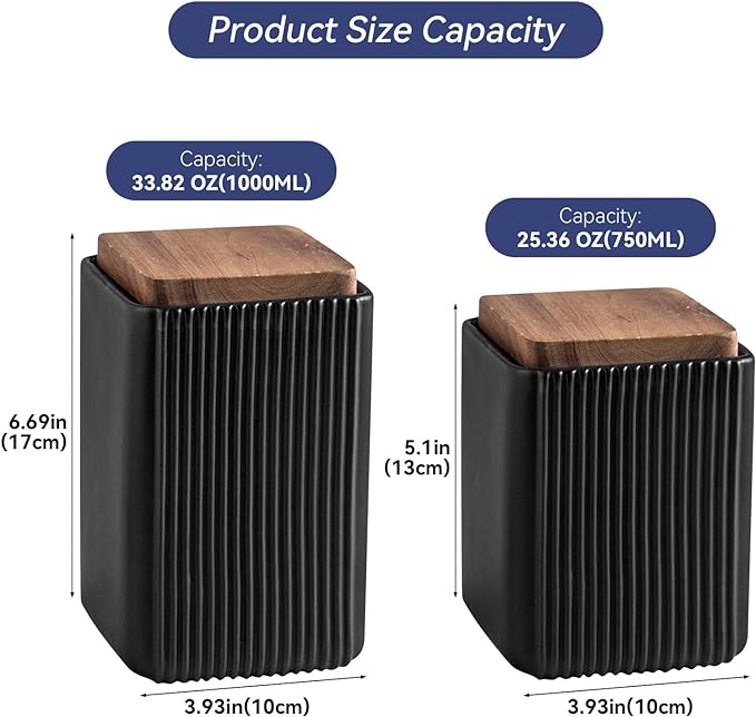 Ceramic Storage Jars Modern Elegant Polished Airtight Gorgeous Storage Canisters with Wooden Lid Small Food Stroage Jar for Kitchen Spice Tea Vanilla Sugar Coffee Beans (Black,Large size,17cm*10cm)