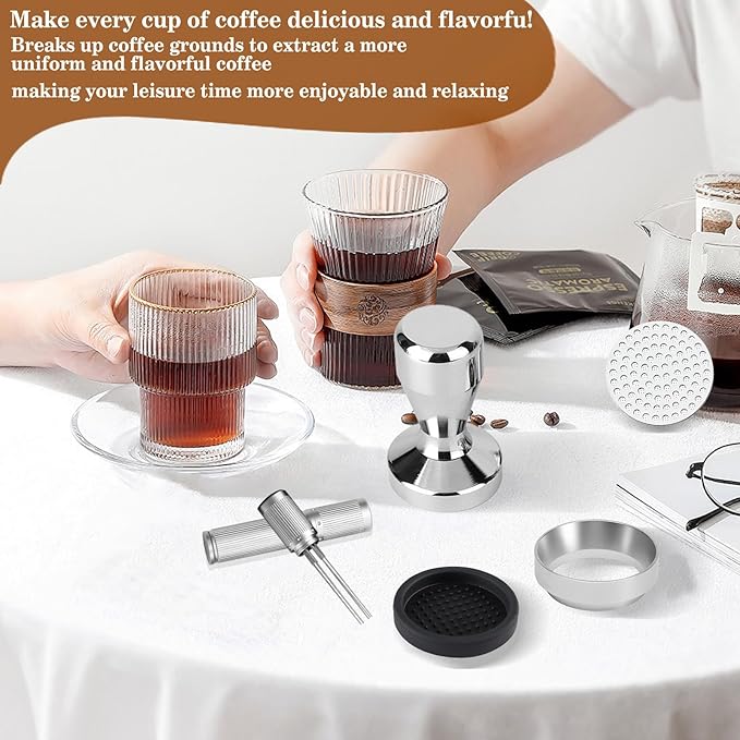 58mm Espresso Accessories Kit,Wdt Tool Espresso,Solid Espresso Tamper,Dosing Funnel and Coffee Puck Screen,Silicone Tamper Mat,0.4mm Stainless Steel 6pin Espresso Stirrer,Barista Tools Espresso Kit