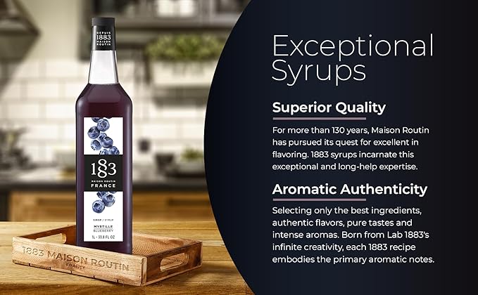 1883 Blueberry Syrup for Drinks, Made in France, 1 Liter Glass Bottle