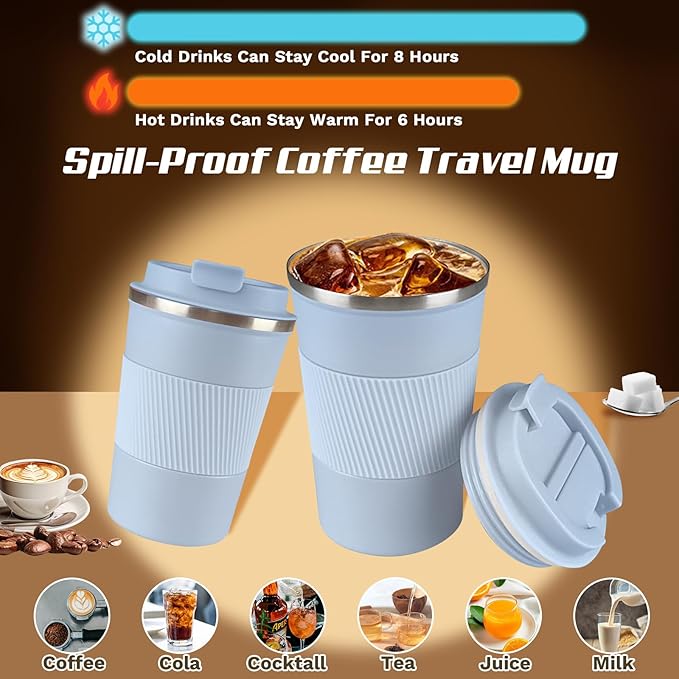 Vacuum-Insulated Stainless Steel Travel Coffee Mug, Leak-Proof Reusable Coffee Cup with Lid - Keep Hot & Cold Drinks for Hours, Durable Thermos Tumbler for Men & Women (3rd-Light Blue, 12OZ)