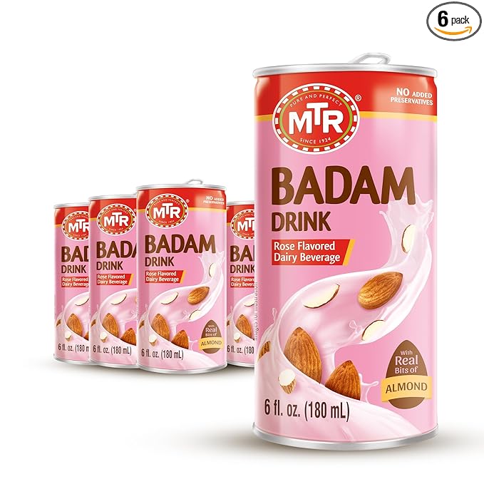 MTR Badam Drink - Rose Flavored, Ready-to-Drink - Authentic Indian Almond Milk Beverage, Real Bits of Almond, No Added Preservatives, Gluten-Free, Refreshing Drink, Perfect for Anytime Refreshment, Pack of 6