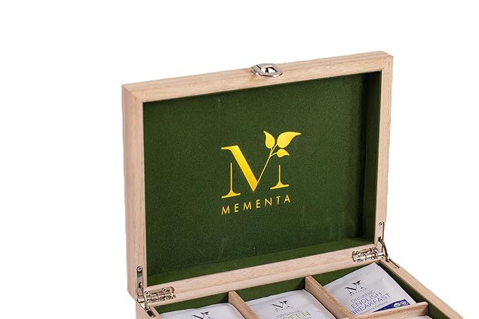 Mementa Inc Organic Wooden Tea Chest - 60 Tea Bags Individually Wrapped : Assorted Tea Variety Pack containing Black, Green, and Herbal caffeine-free teas : Tea Sampler Tea Set