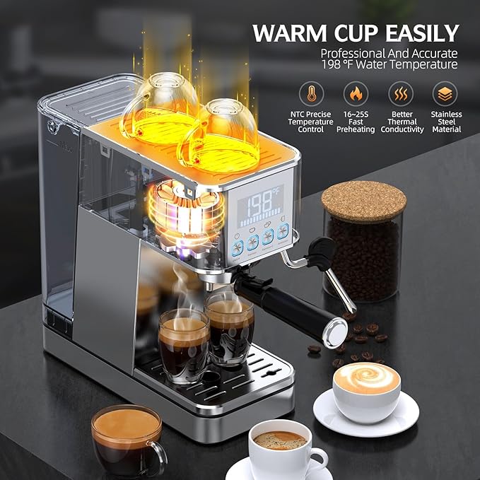 Espresso Machine, 20Bar Compact Stainless Espresso Maker, With Milk Frother Steam Wand, 57.5OZ Removable Water Tank, Displays Making Time & Water Temperature, Cold Brew & Cappuccino, Silver